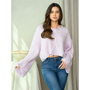 Lavender Bell Sleeve Distressed Knit Sweater